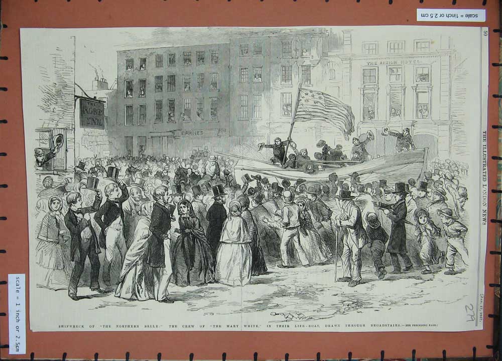 Old Antique Print Shipwreck Northern Belle Crew Mary White Life Boat 1857 19th