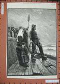 Original Old Antique Print 1884 Julius Price Fine Art Family Waiting Shore Ship