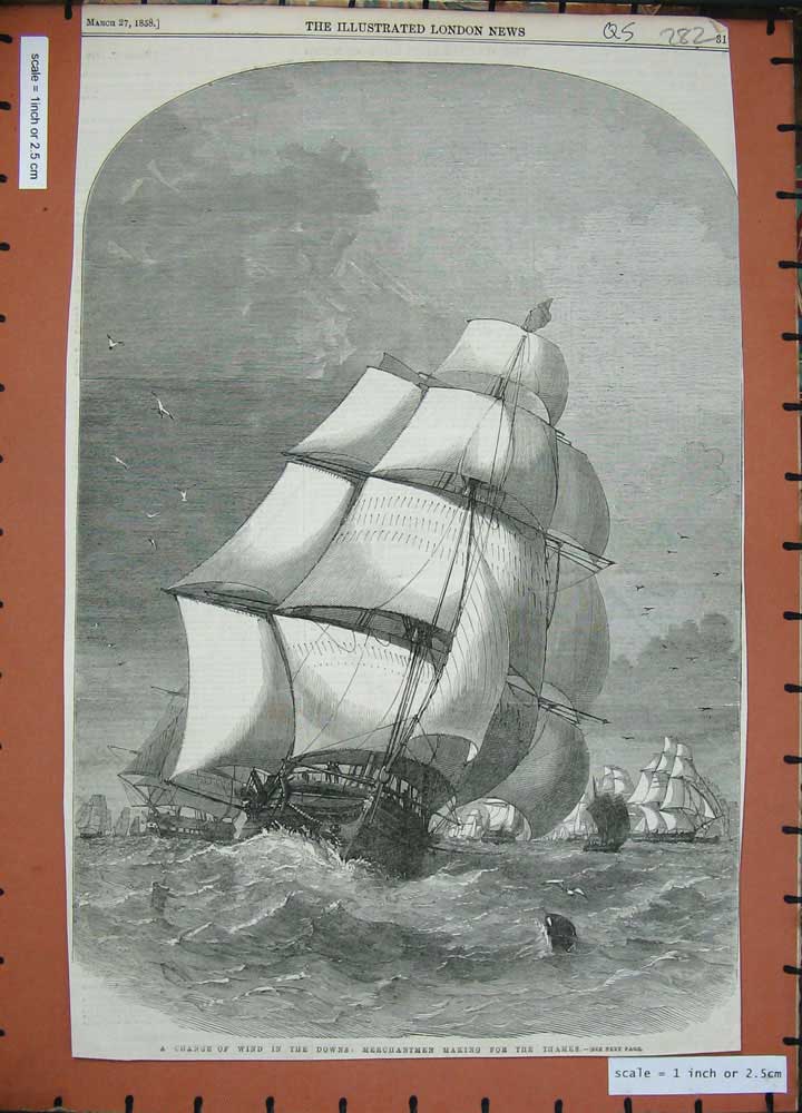Original Old Antique Print Merchantmen Ship River Thames London 1858 Windy Sea
