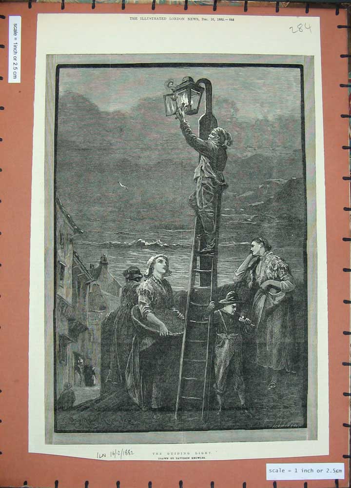Original Old Antique Print 1882 Guiding Light Davidson Knowles Ship Street Town