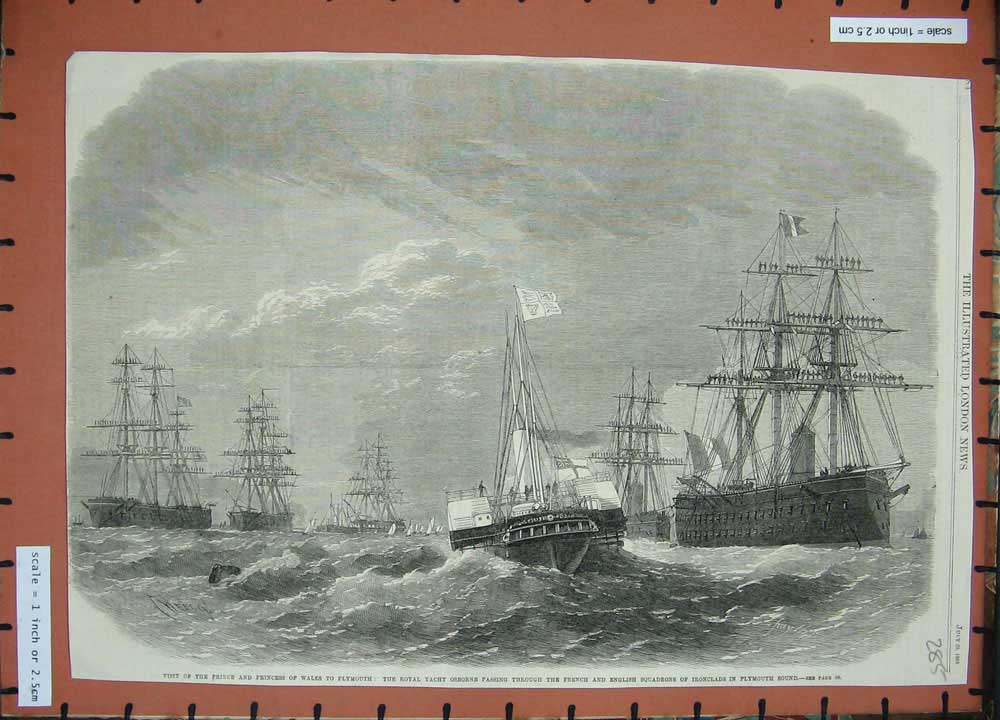 Original Old Antique Print 1865 Prince Wales Royal Yacht Osborne Plymouth Sound
