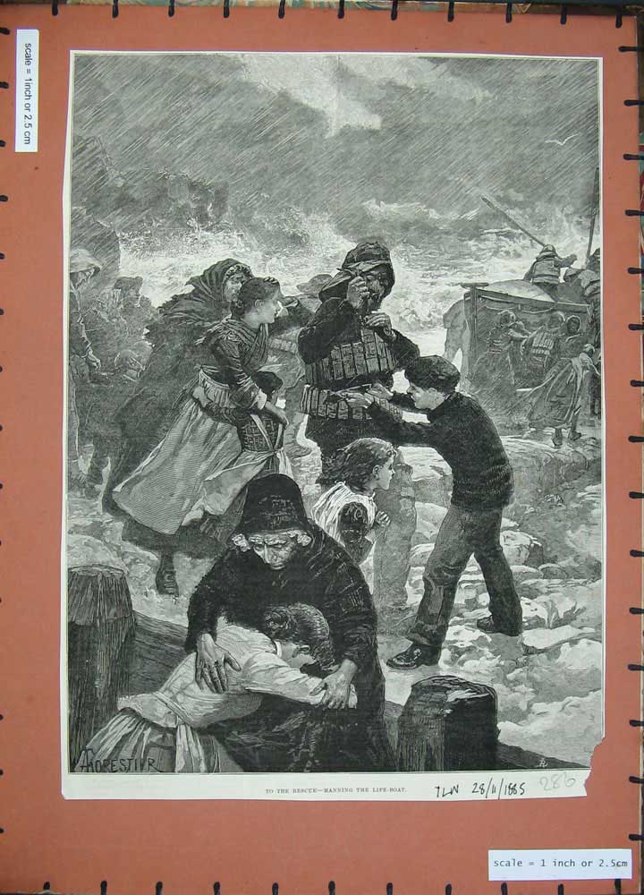 Old Antique Print 1885 Life Boat Rescue Family Stormy Sea Forestier Art 19th