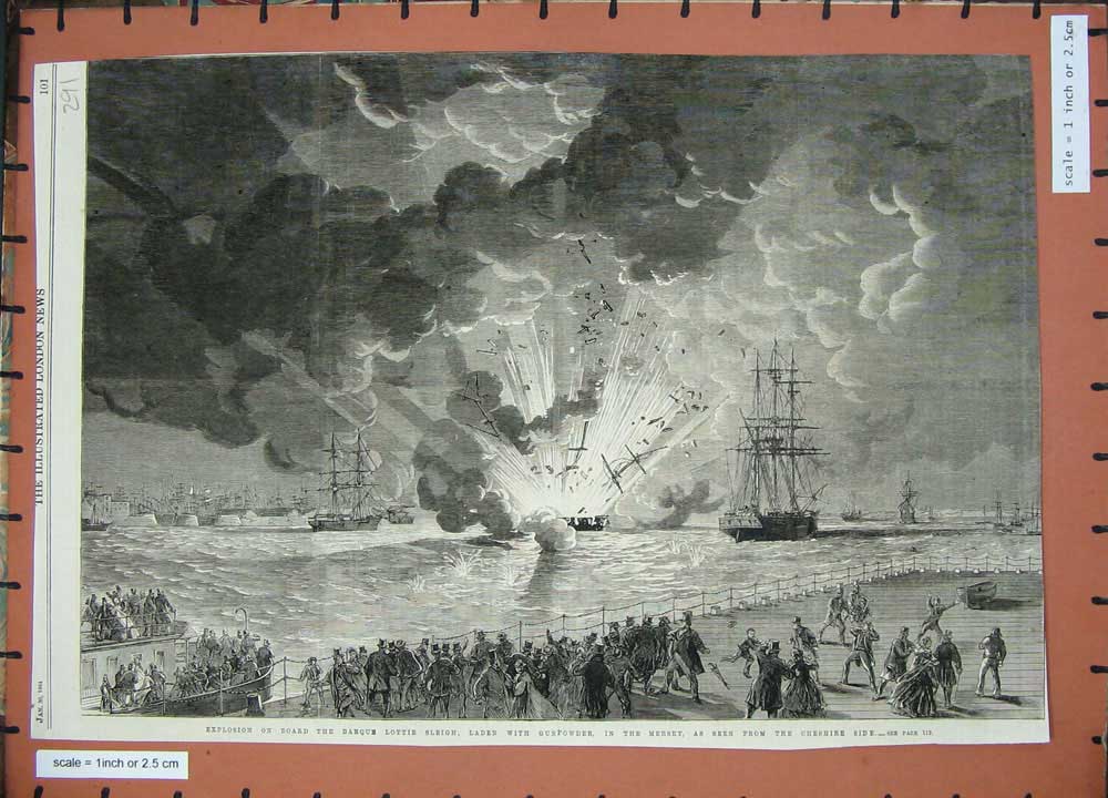 Old Antique Print 1864Explosion Barque Lottie Sleigh Mersey Cheshire Ship 19th