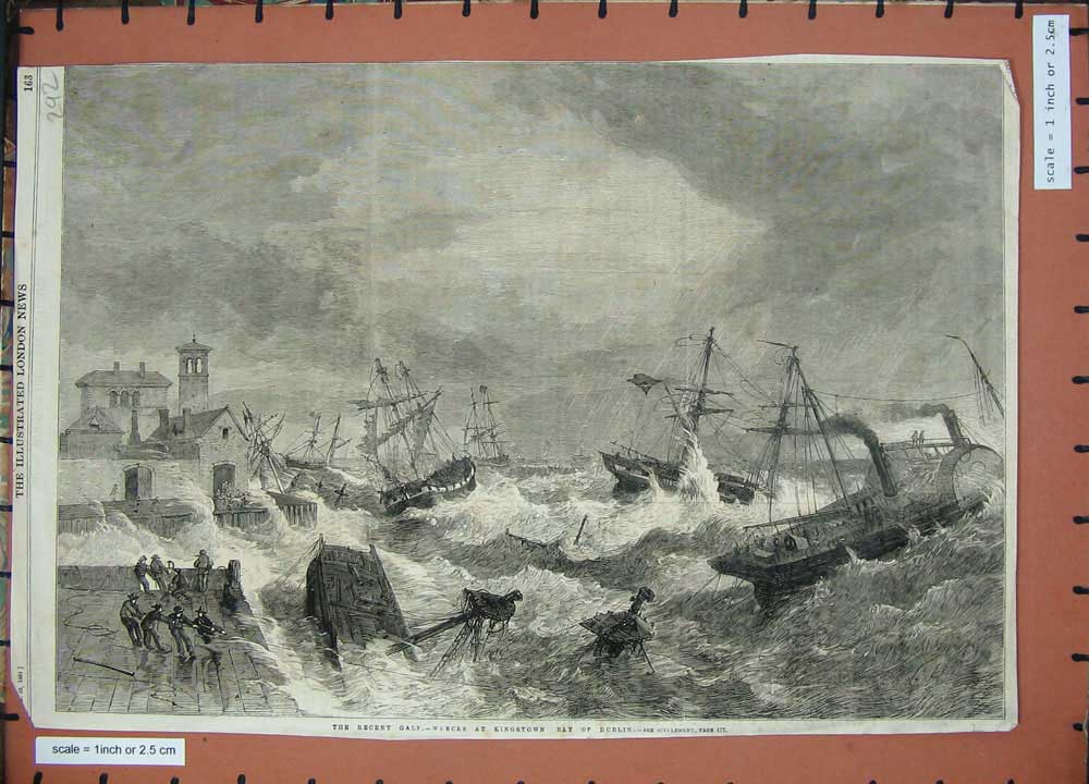 Old Antique Print Ship Wrecks Kingstown Bay Dublin Ireland 1861 Fine Art 19th
