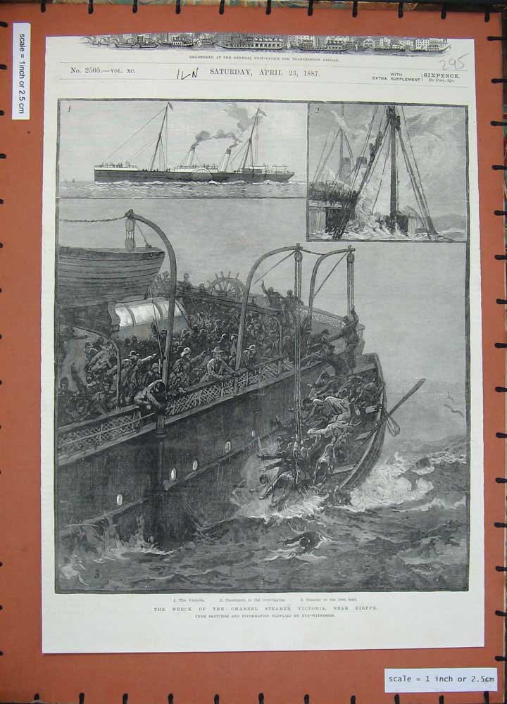 Old Antique Print Ship Wreck Channel Steamer Victoia Dieppe 1887 France 19th