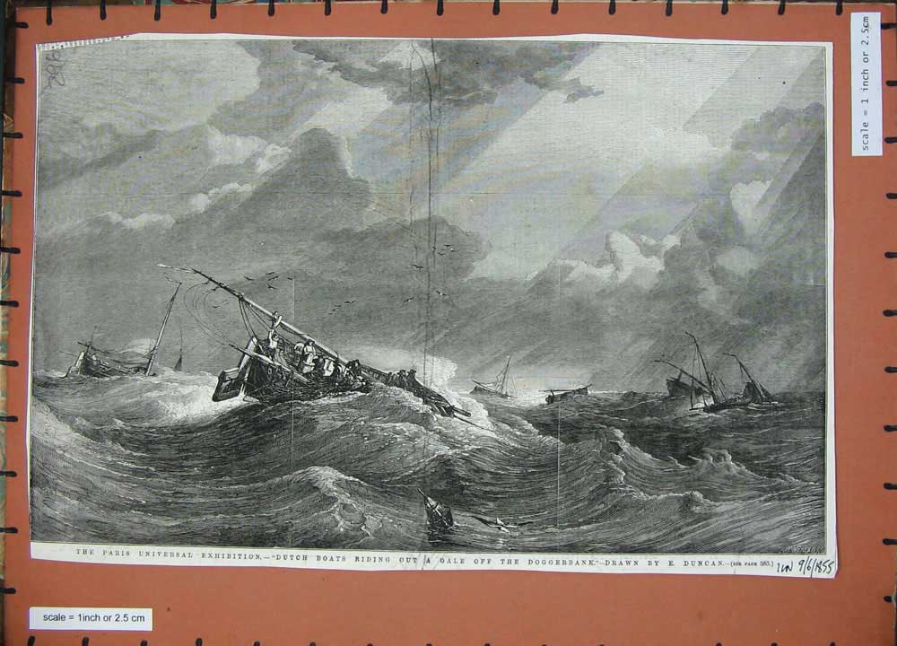 Old Antique Print 1855 Paris Exhibition Dutch Boats Doggerbank Ships Art 19th