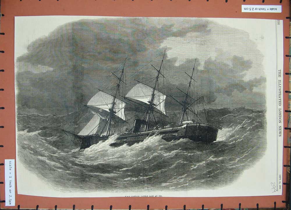 Original Old Antique Print 1870 Sailing War Ship Captain Lost Sea Fine Art 19th