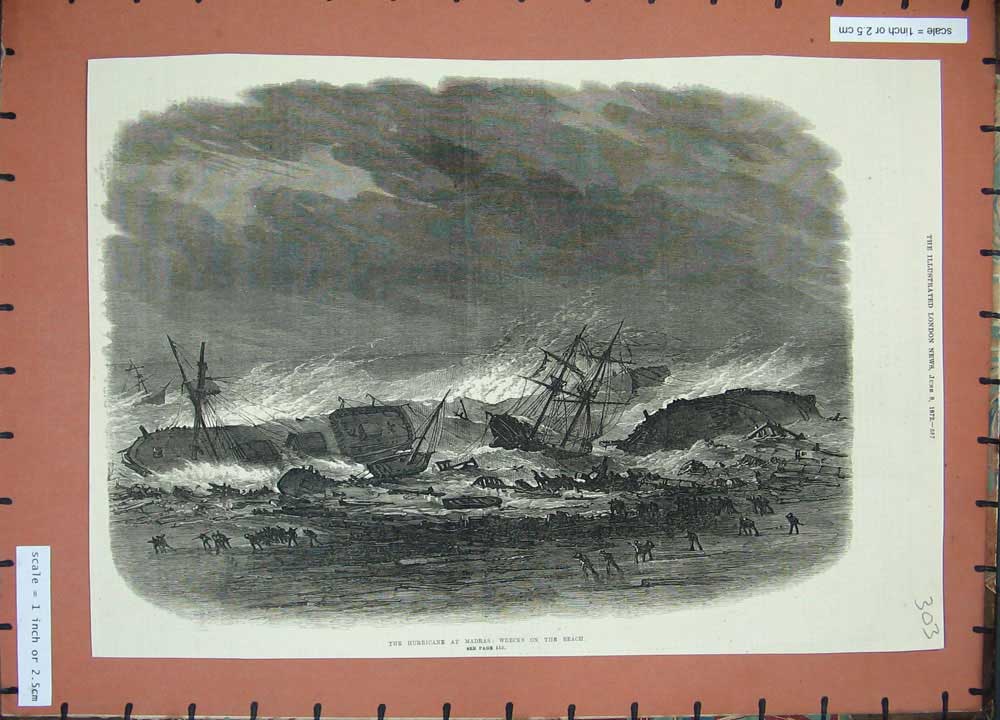 Original Old Antique Print Hurricane Madras Ship Wrecks Beach 1872 Fine Art