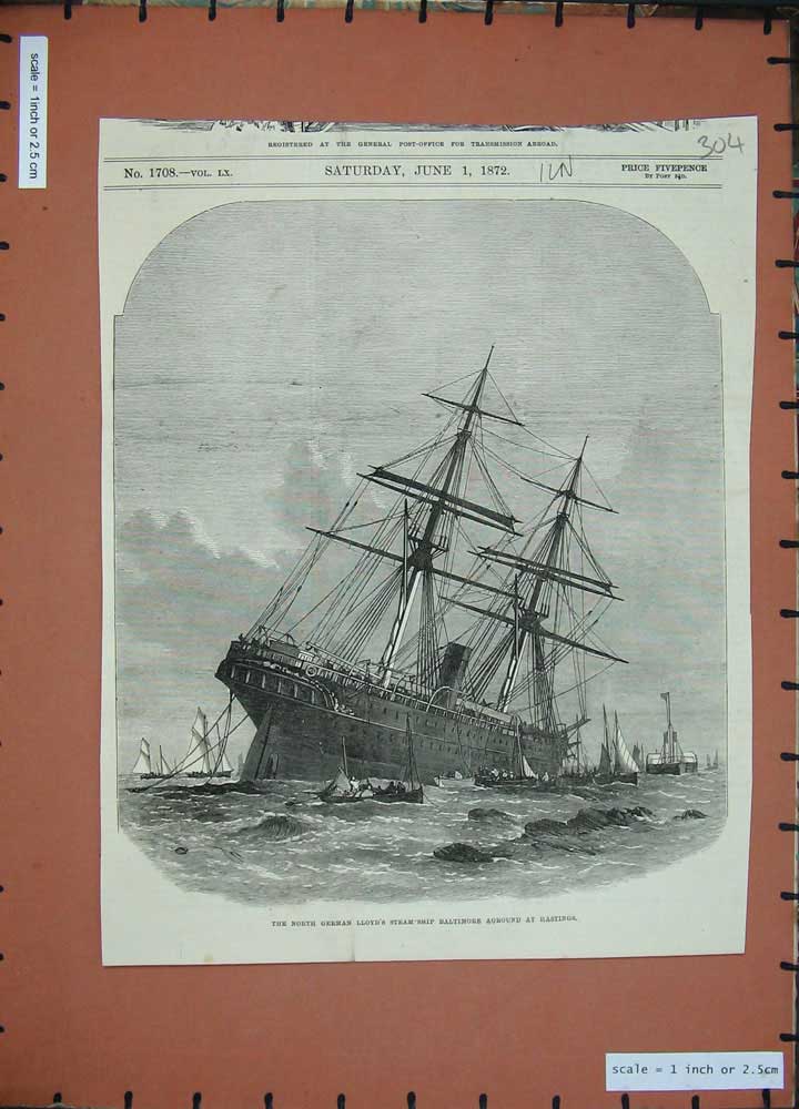 Old Antique Print 1872 North German Lloyd'S Steam Ship Baltimore Hastings 19th
