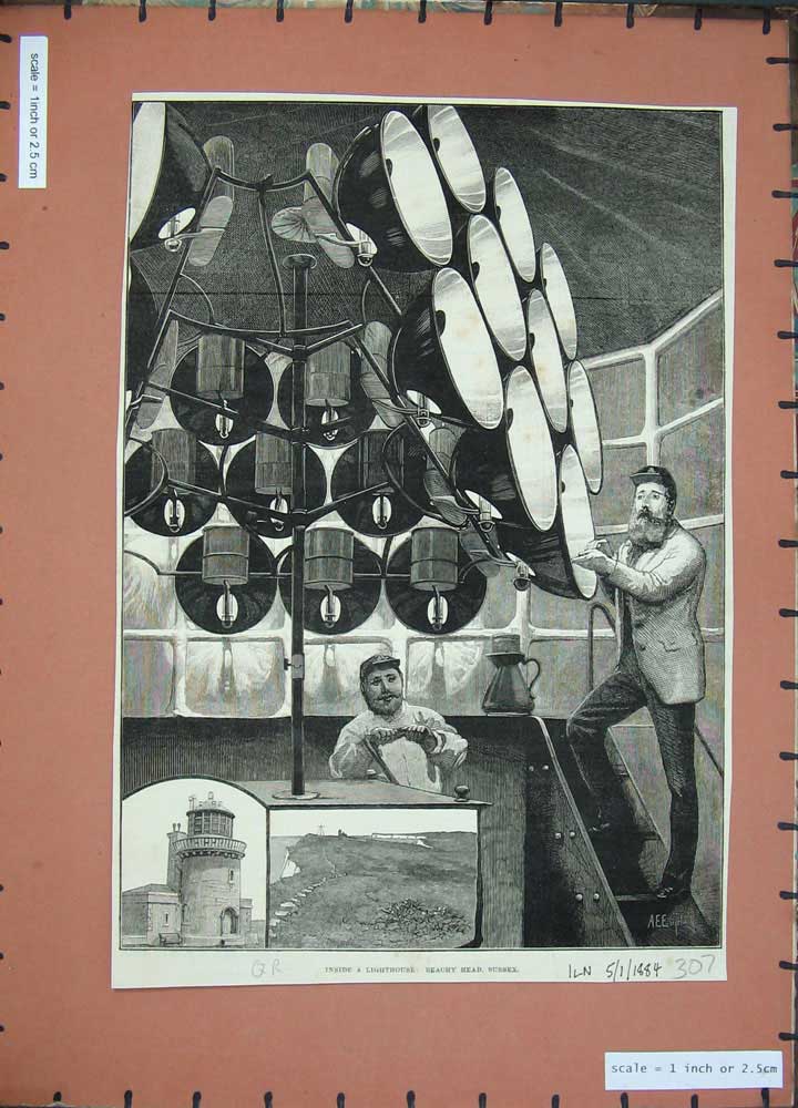 Original Old Antique Print 1884 Inside Lighthouse Beachy Head Sussex Man Lights