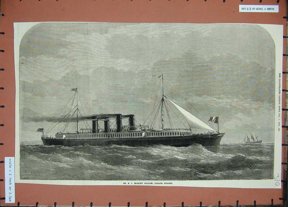 Old Antique Print 1872 Mr S.J Mackie'S Channel Passage Steamer Ship Sea 19th