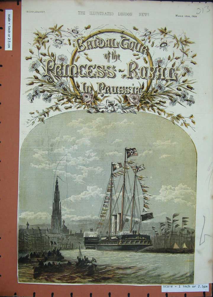 Original Old Antique Print 1858 Bridal Tour Princess Royal Prussia Sailing Ship