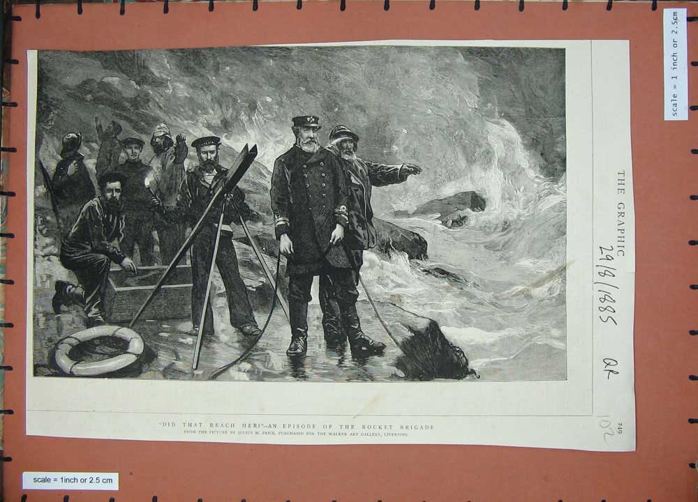 Original Old Antique Print 1885 Rocket Brigade Sailors Men Stormy Sea Fine Art