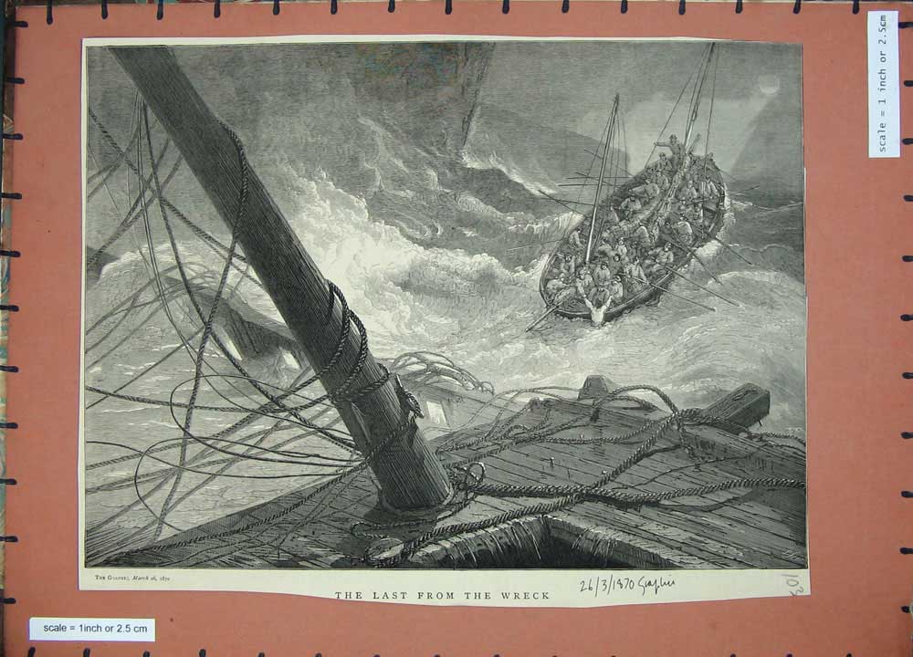 Original Old Antique Print 1870 Ship Wreck Lifeboat Stormy Sea Mast Fine Art