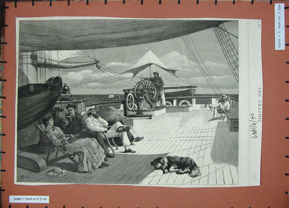 Old Antique Print 1885 Ship Deck Life-Boat Wheel Dog People Sleeping Art 19th