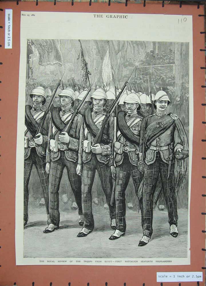 Original Old Antique Print 1882 Battalion Seaforth Highlanders Siers Army Men