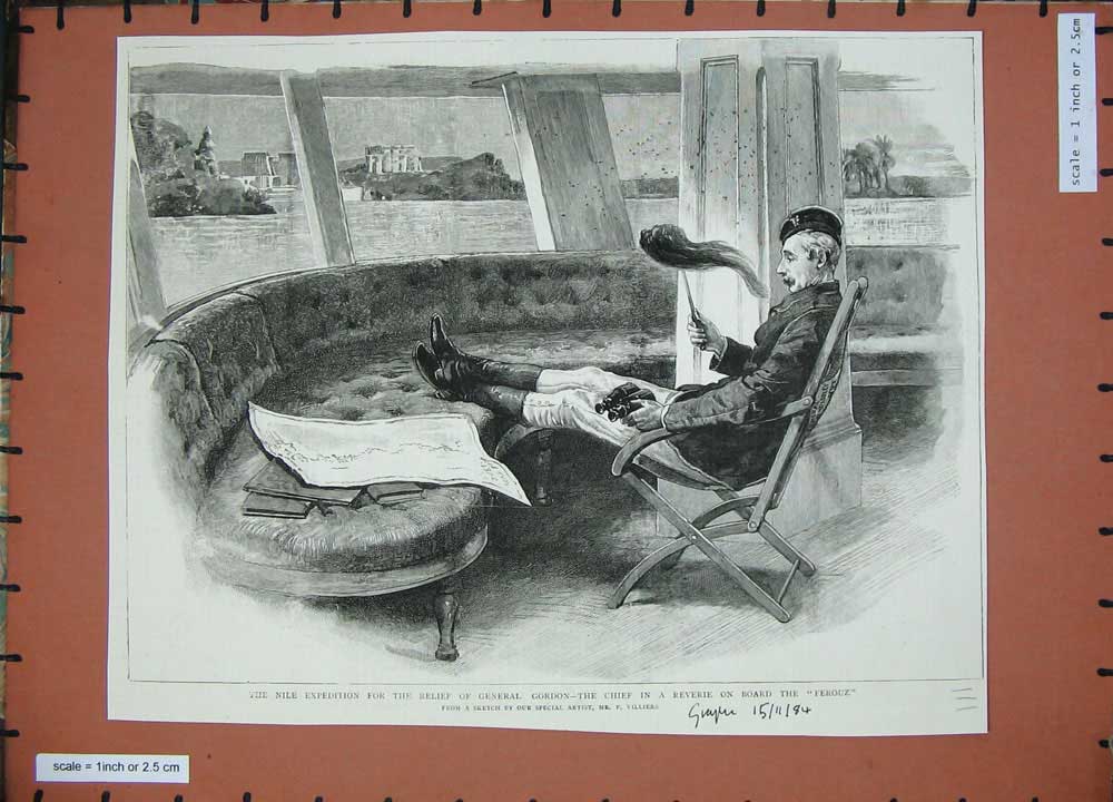Original Old Antique Print 1884 General Gordon Chief Reverie Ship Ferouz Nile