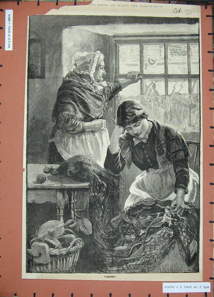 Original Old Antique Print 1887 Percy Craft Fine Art Women Fishing Nets Basket