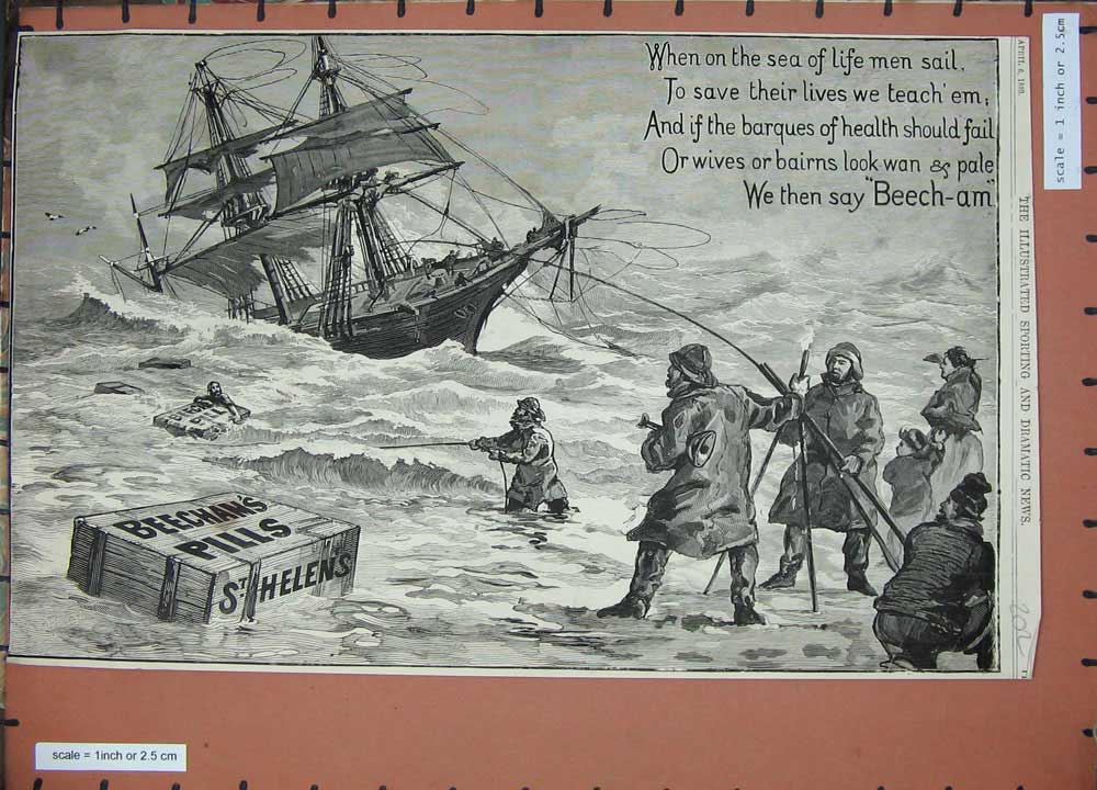 Original Old Antique Print 1889 Advertisements Beechams Pills Sailing Ships Men
