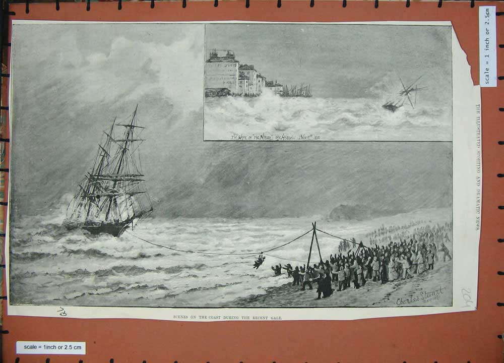 Original Old Antique Print 1891 Ship Wreck Nerissa Hastings Stormy Sea Sailing