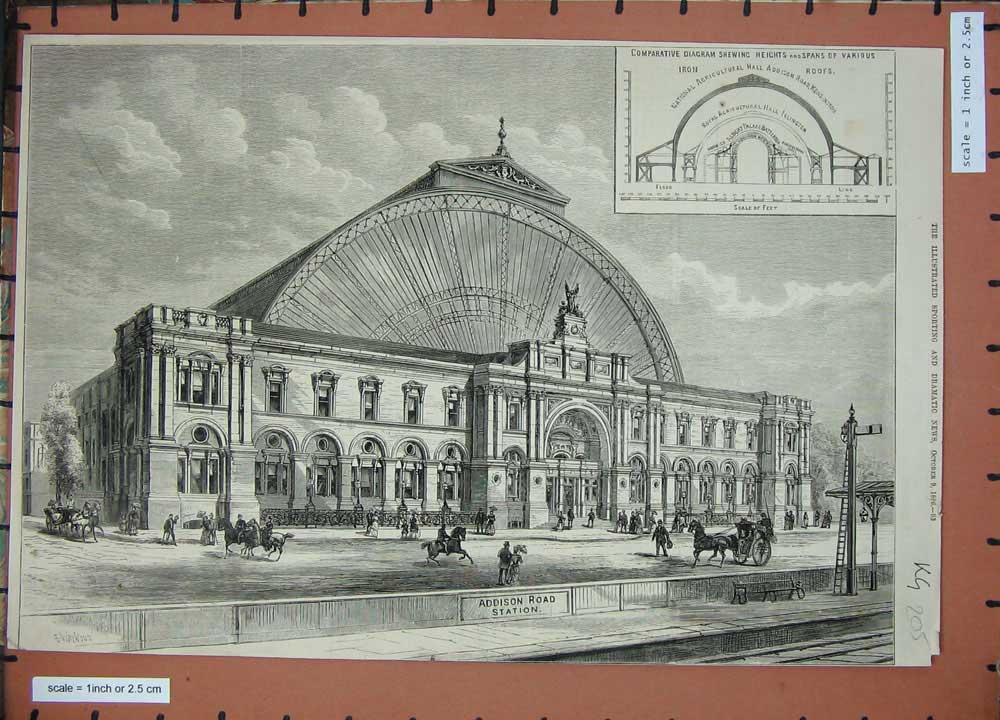 Old Antique Print 1886 Addison Road Station Agricultural Hall Kensington 19th