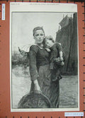 Old Antique Print 1892 Fishermans Wife Little Girl Basket Ship Fine Art 19th