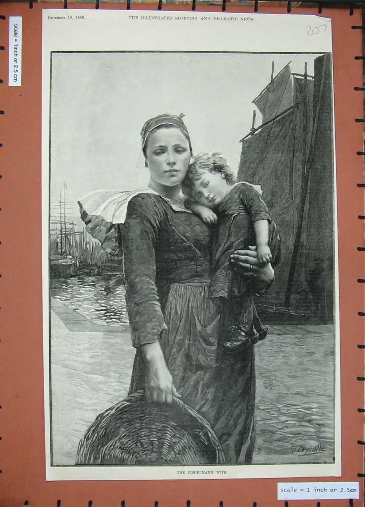 Old Antique Print 1892 Fishermans Wife Little Girl Basket Ship Fine Art 19th