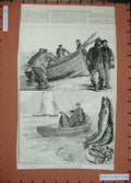 Original Old Antique Print 1893 Sea Fishing Goodwins Fish Men Boats Victorian