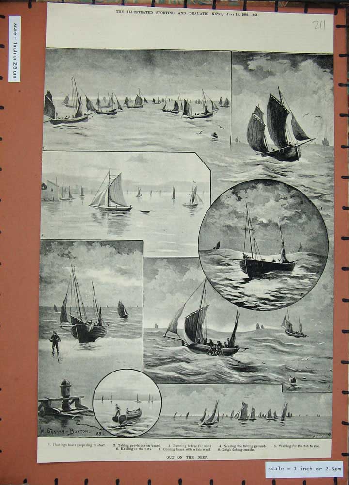 Original Old Antique Print 1889 Hastings Boat Fishing Nets Sailing Boats Yachts