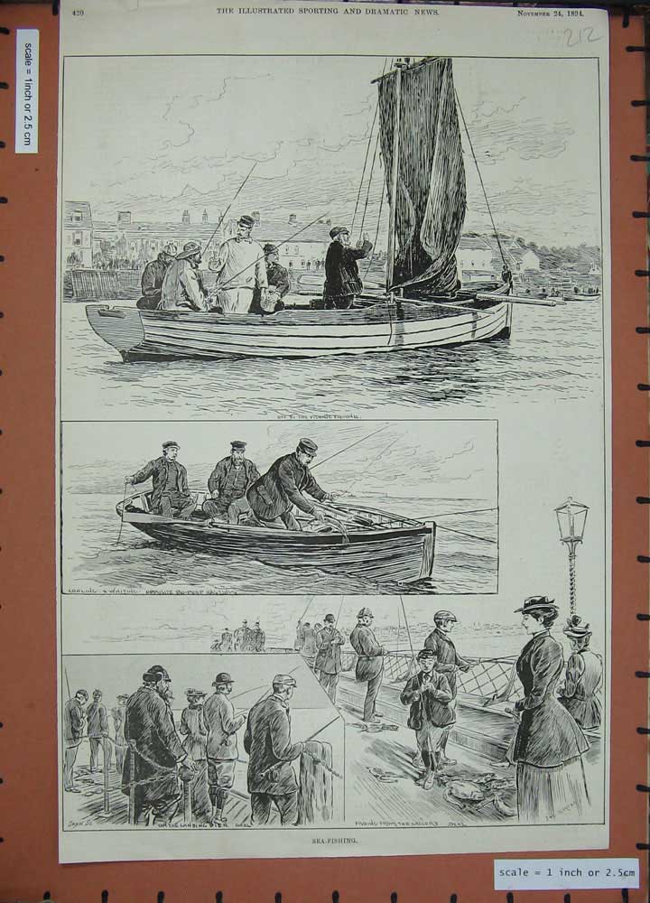 Original Old Antique Print 1894 Sea Fishing Men Women Boats Children Pier 19th