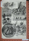 Old Antique Print 1891 Professional Fishing Herring Boats Yarmouth Quay 19th