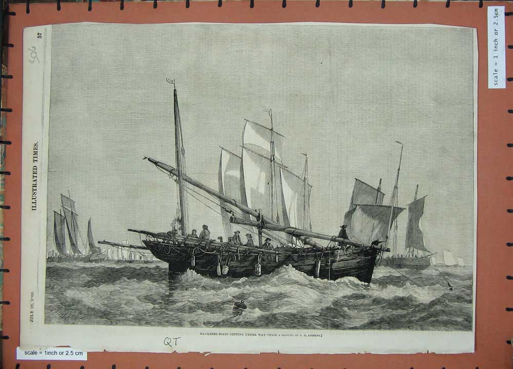 Original Old Antique Print 1860 Mackerel Boats Sailing Fishing Sea Andrews 19th