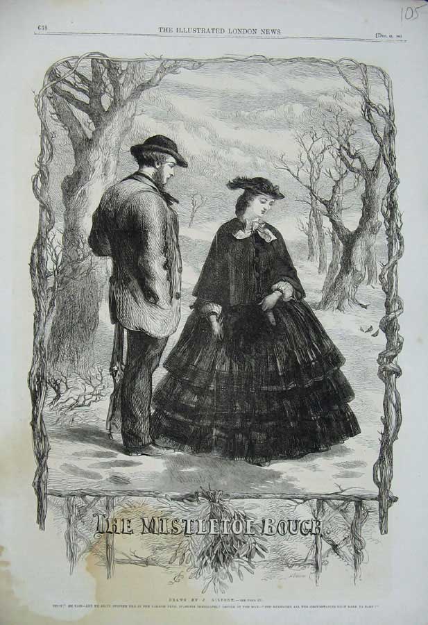 Old Antique Print 1861 Lady Man Romance Christmas Mistletoe Trees Gilbert 19th
