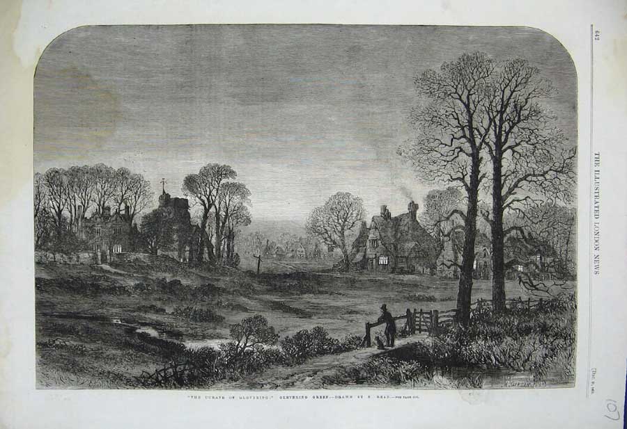 Old Antique Print 1861 Curate Glevering Church Houses Trees Moonlight Art 19th