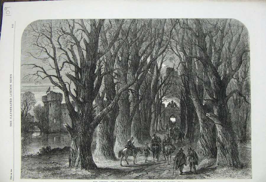 Old Antique Print 1864 Roundheads Patrol Horses Castle Bridge Moat Army 19th