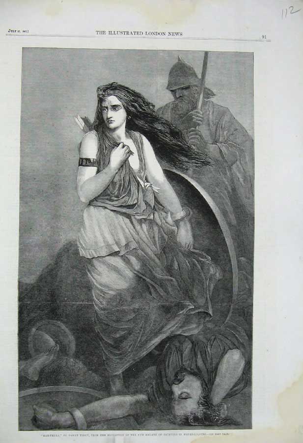 Original Old Antique Print 1861 Dar-Thula Henry Tidey Man Wsord Woman Dead Body
