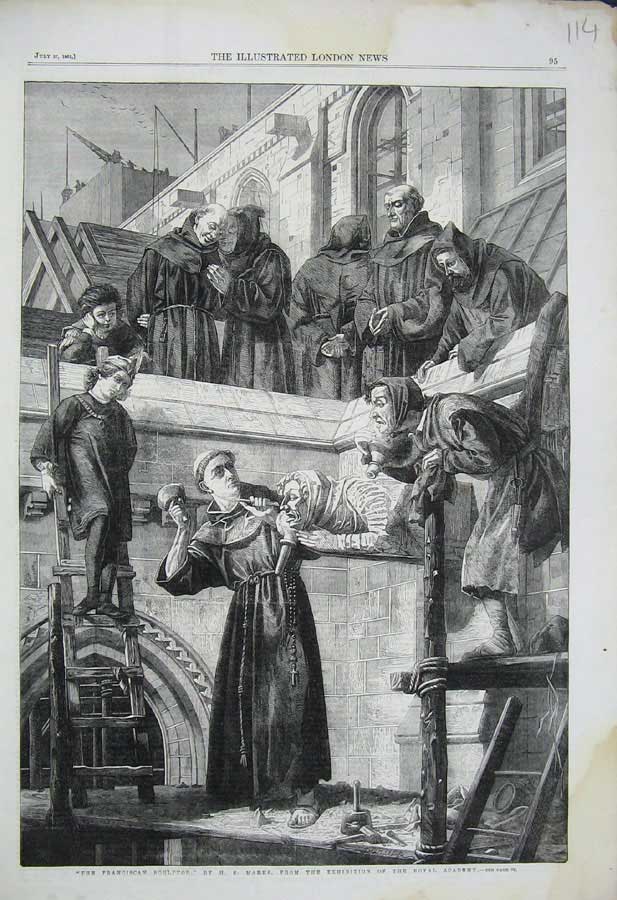 Original Old Antique Print Franciscan Sculptor Monks 1861 Statue Marks Fine Art