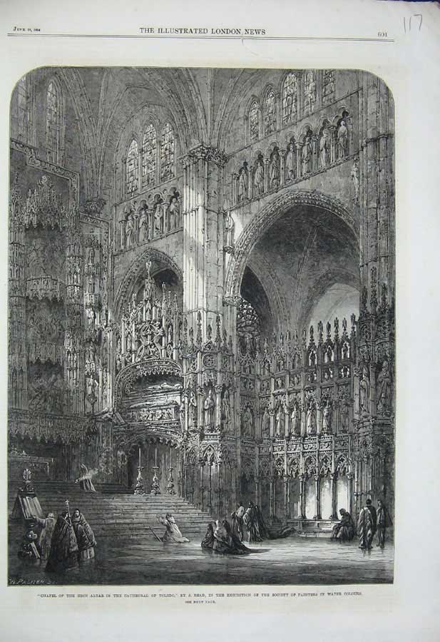 Original Old Antique Print 1864 Chapel High Altar Cathedral Toledo Church Read