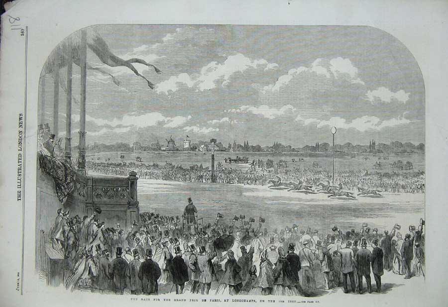 Original Old Antique Print 1864 Race Grand Prix Paris Longchamps Horses Sport