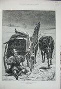 Original Old Antique Print 1882 Christmas Snow Drunk Postman Horse Cart Berkley