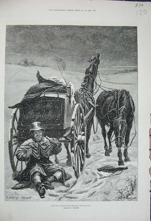 Original Old Antique Print 1882 Christmas Snow Drunk Postman Horse Cart Berkley