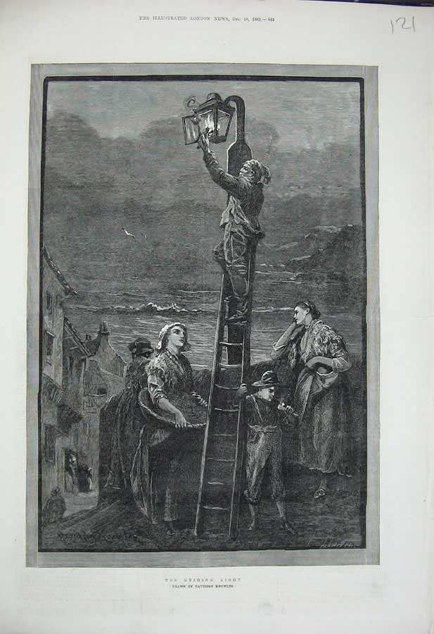 Old Antique Print Guiding Light 1882 Sea Torch Boats Davidson Knowles Art 19th