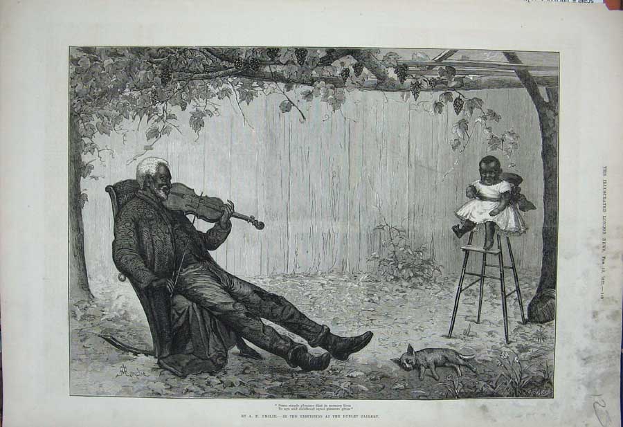 Old Antique Print 1875 Dudley Gallery Man Music Violin Chair Baby Emslie 19th
