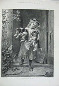 Old Antique Print 1882 Little Girl House Doorstep Puppy Dogs Pets Animals 19th