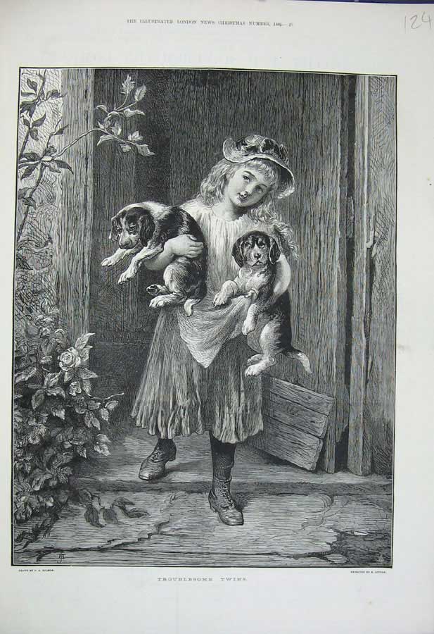 Old Antique Print 1882 Little Girl House Doorstep Puppy Dogs Pets Animals 19th