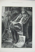 Old Antique Print 1882 Young Girl Reading Cinderella Storybook Chair Gow 19th
