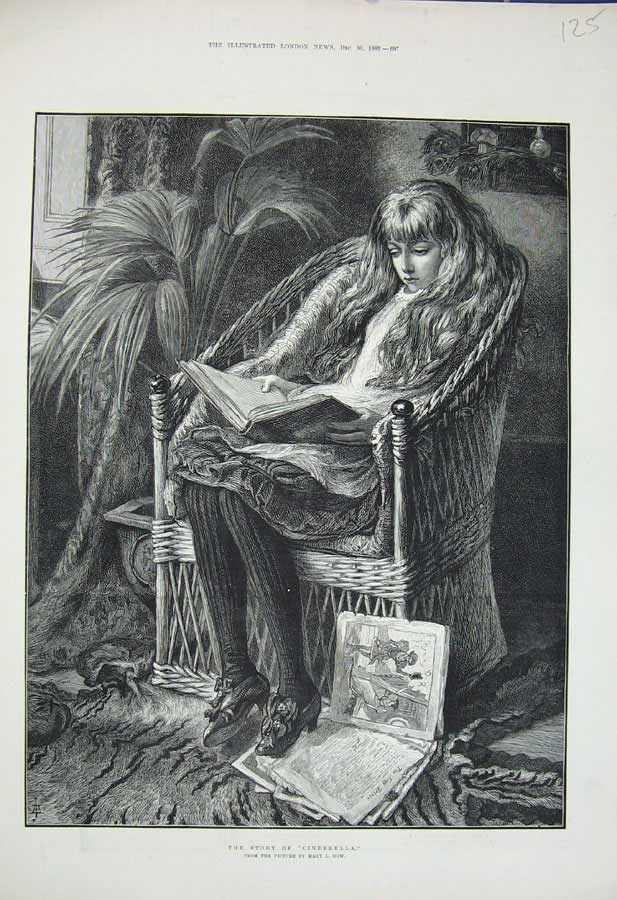 Old Antique Print 1882 Young Girl Reading Cinderella Storybook Chair Gow 19th