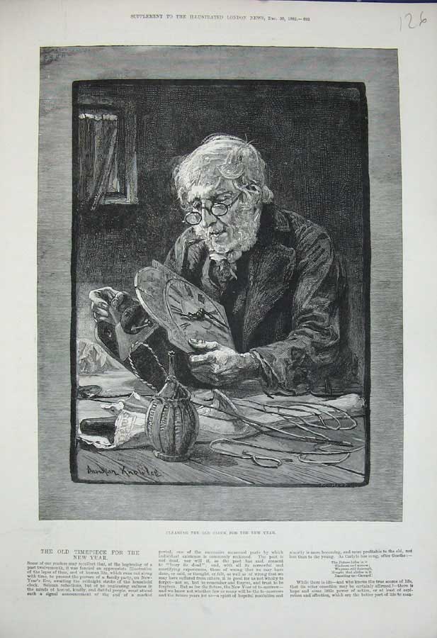 Original Old Antique Print 1882 Man Cleaning Clock New Year Davidson Knowles