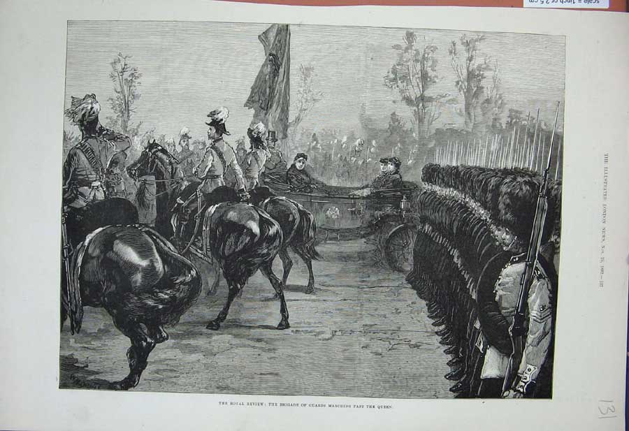 Original Old Antique Print Horse Brigade Seirs Marching Queen Carriage 1882