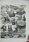 Original Old Antique Print 1882 Home-Made Toys Rocking Horse Children Baskets